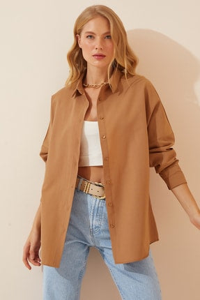 Happiness Ist. Women's Camel Oversize Long Basic Shirt DD00842