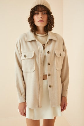 Happiness Ist. Women's Cream Pocket Oversize Stamped Shirt Jacket