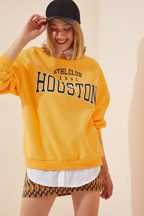 Happiness Women's Vivid Yellow Printed Fleece Sweatshirt