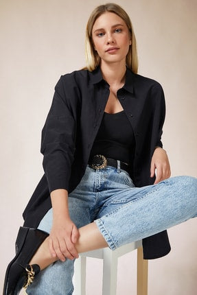 Happiness Ist. Women's Black Oversize Long Basic Shirt DD00842