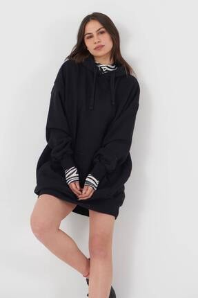 Addax Women's Black Hooded Long Sweatshirt S1102