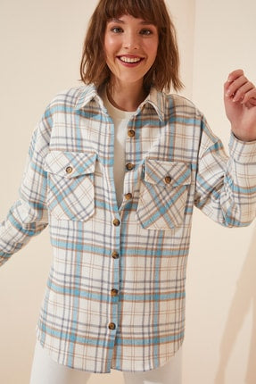 Happiness Ist. Women's Light Blue Checkered Stamped Shirt Jacket