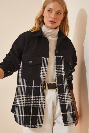 Happiness Ist. Women's Black White Oversize Stamped Shirt Jacket