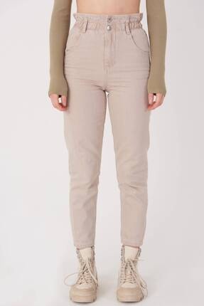 Addax Women's Beige High Waist Button Detailed Jean