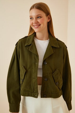 Happiness Ist. Women's Khaki Pocket Gabardine Crop Jacket