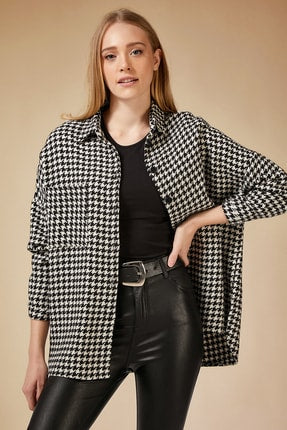 Happiness Ist. Women's White Black Crowbar Pattern Oversize Wool Stamped Shirt Jacket