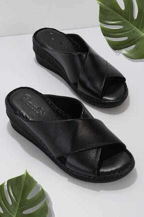 Bambi Black Genuine Leather Women's Slippers