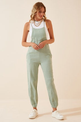 Happiness Ist. Women's Light Oak Green Pocketed Gardener Muslin Jumpsuit US00647