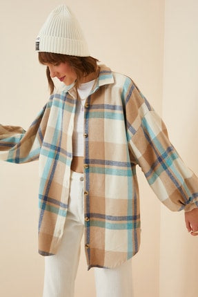Happiness Ist. Women's Blue Biscuit Balloon Sleeve Plaid Oversize Stamped Shirt Jacket