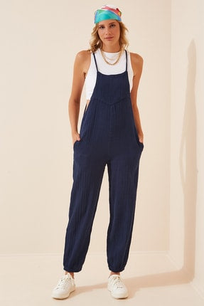 Happiness Ist. Women's Navy Blue Pocket Gardener Muslin Jumpsuit US00647
