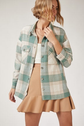 Happiness Ist. Women's Vivid Teak Green Plaid Woolen Shirts DD00744
