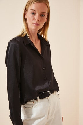 Happiness Ist. Women's Black Lightly Flowy Satin Shirt DD00990