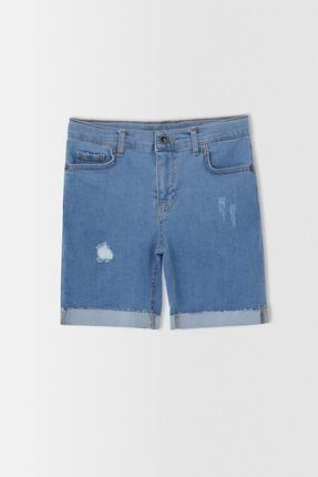 DeFacto Boy Blue Regular Fit Frying Detailed Jean Bermuda Shorts