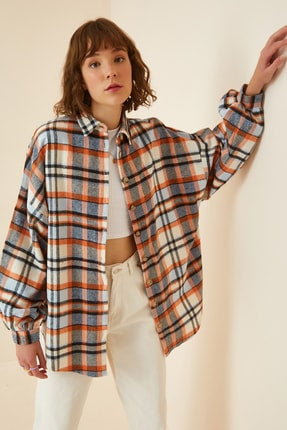 Happiness Ist. Women's Blue Orange Balloon Sleeve Oversize Plaid Stamped Shirt Jacket DK00108;