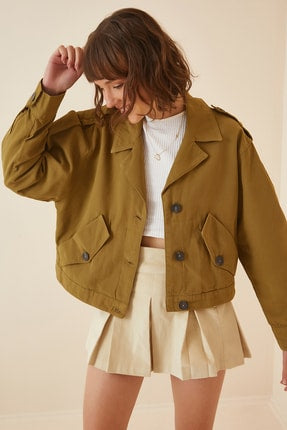 Happiness Ist. Women's Camel Pocket Gabardine Crop Jacket
