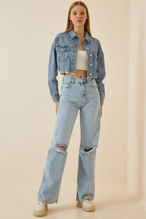 Happiness Ist. Women's Ice Blue Ripped Detailed High Waist Mom Jeans