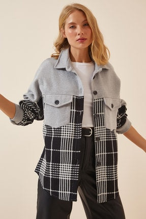 Happiness Ist. Women's Gray Black Oversize Stamped Shirt Jacket