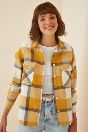 Happiness Ist. Women's Mustard Plaid Stamped Shirt Jacket