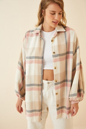 Happiness Ist. Women's Pink Beige Balloon Sleeve Plaid Oversize Stamped Shirt Jacket LH00035;
