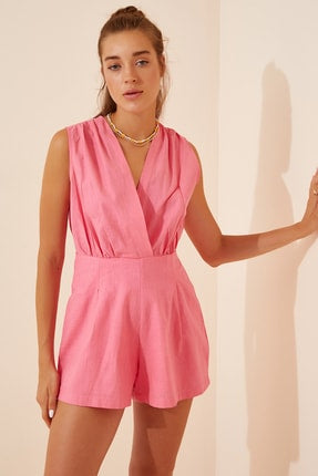 Happiness Ist. Women's Pink Wrapped Collar Mini Linen Jumpsuit US00650