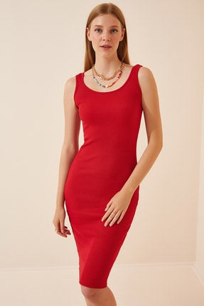 Happiness Ist. Women's Red Strap Ribbed Knitted Dress
