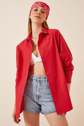 Happiness Ist. Women's Red Oversize Long Basic Shirt DD00842