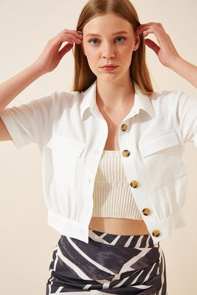 Happiness Ist. Women's White Pocketed Short Sleeved Summer Linen Viscose Jacket