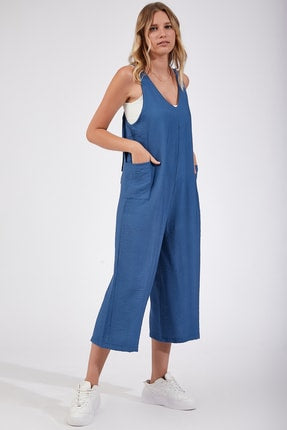 Happiness Ist. Women's Indigo Blue Strap Linen Viscose Jumpsuit VA00002