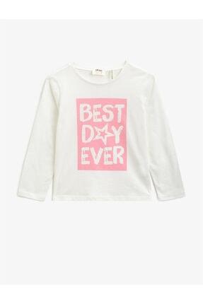 Koton Kids Girl's Ecru Cotton Printed Bicycle Collar Long Sleeved T-Shirt