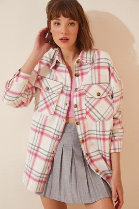 Happiness Ist. Women's Pink Checkered Stamped Shirt Jacket