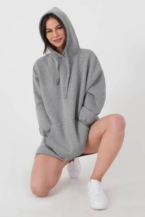 Addax Women's Gray Melange Hooded Long Sweatshirt S1102