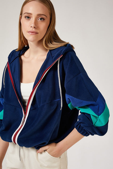 Happiness Women's Navy Blue Zippered Hoodie Fleece Sweatshirt