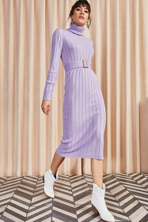 Olalook Women's Lilac Belted Thick Ribbed Knitwear Dress