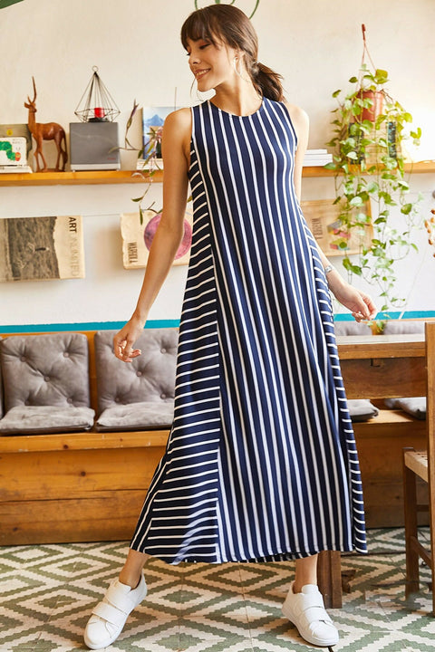 Olalook Women's Navy Blue Striped Long Loose Dress