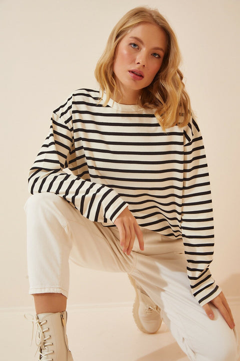 Happiness Women's Black Ecru Striped Cotton Knitted Sweatshirt