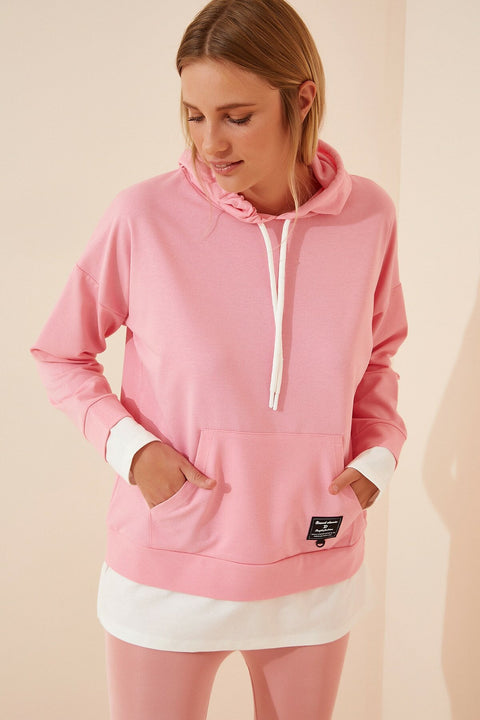 Happiness Women's Pink Piece Detailed Thin Boyfriend Knitted Sweatshirt