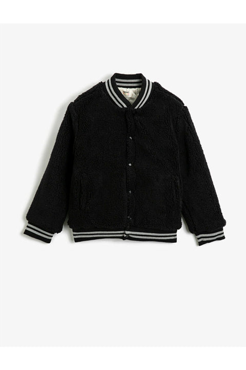 Koton Boys Black Plush Buttoned Bomber Collar Sweatshirt