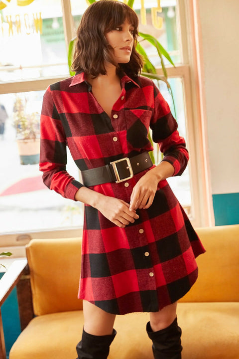 Olalook Women's Red Lumberjack Thick Plaid Tunic Dress