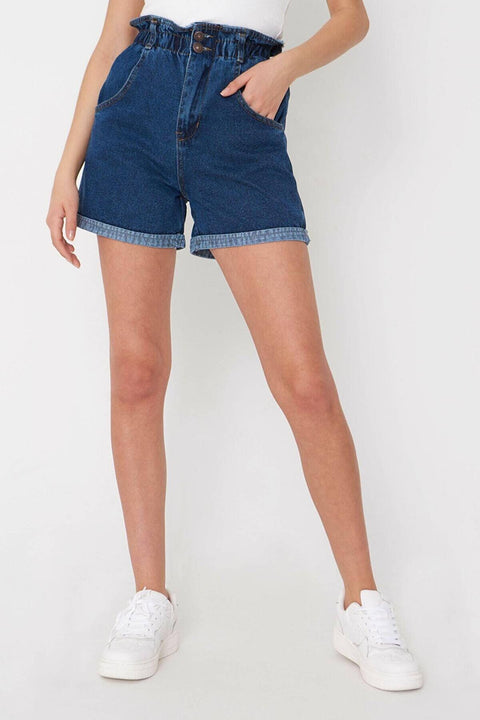 Addax Women's Dark Blue High Waist Denim Shorts