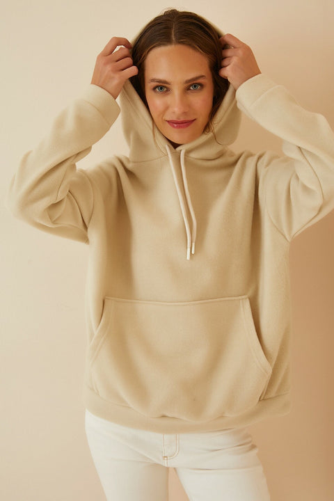 Happiness Women's Cream Hooded Winter Fleece Sweatshirt
