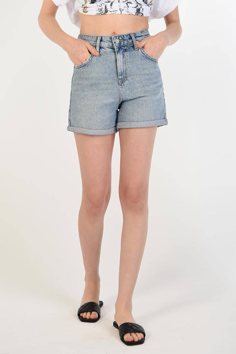 Addax Women's Blue  High Waist Denim Shorts