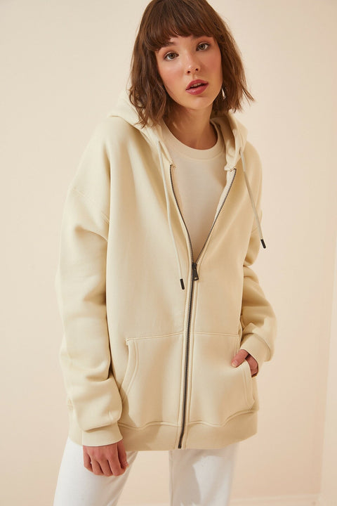 Happiness  Women's Cream Hooded Zipper Raised Oversize Sweatshirt