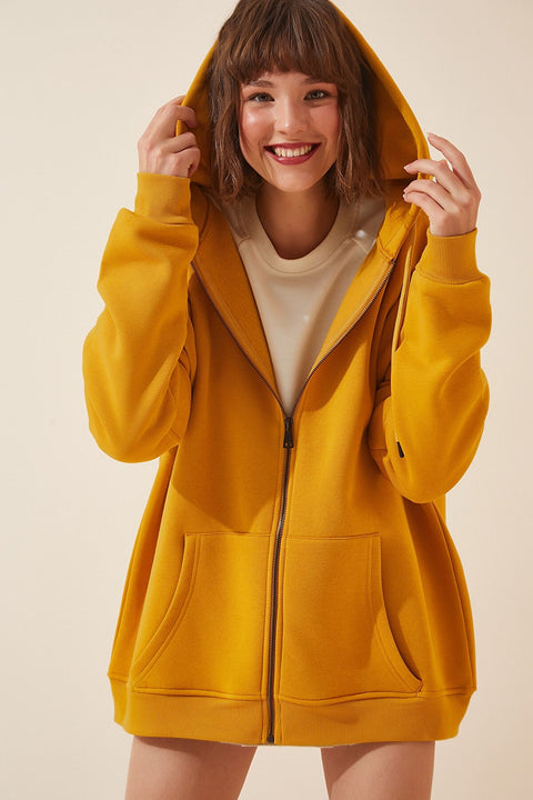 Happiness  Women's Dark Yellow Hooded Zipper Raised Oversize Sweatshirt