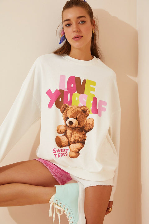 Happiness Women's White Printed Seasonal Sweatshirt