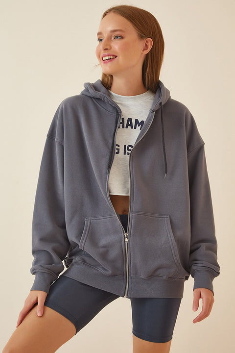 Happiness  Women's Gray Hooded Rack Zipper Oversize Sweatshirt