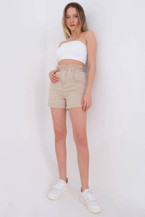 Addax Women's Beige Elastic Waist Shorts