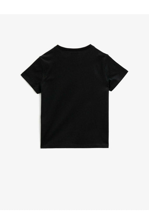 Koton Kids Girls' Black Printed Short Sleeved Cotton T-Shirt