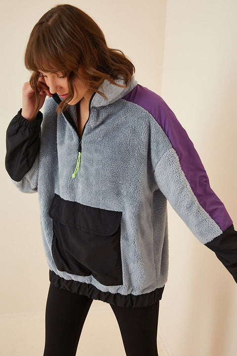 Happiness Women's Gray Zipper Oversize Fleece Sweatshirt