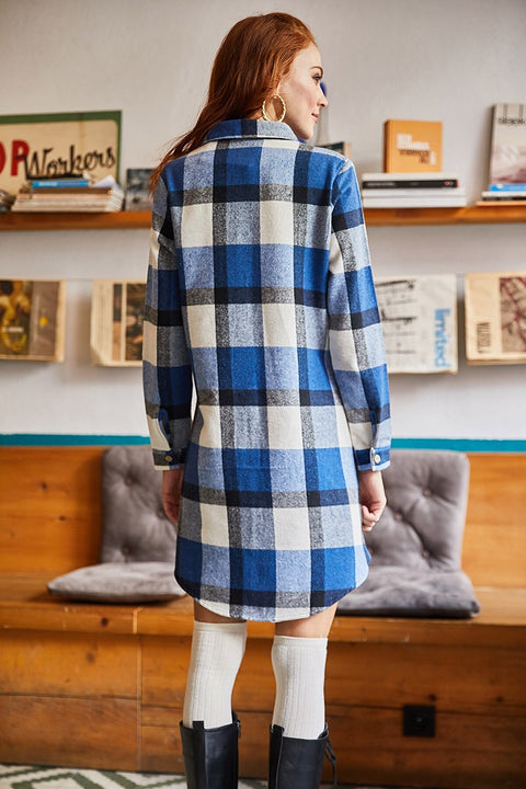 Olalook Women's Indigo Ecru Lumberjack Thick Plaid Tunic Dress