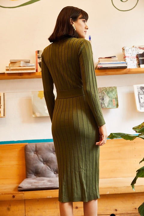 Olalook Women's Khaki Belted Thick Ribbed Knitwear Dress